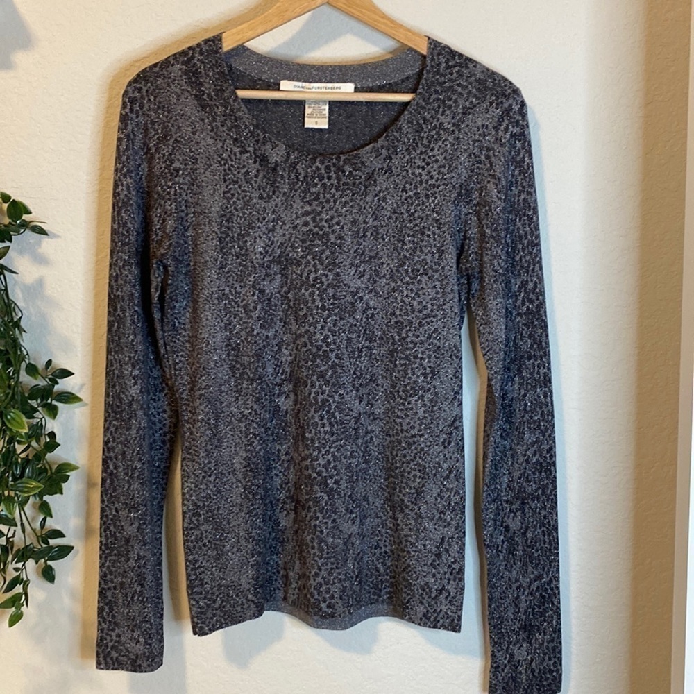 Diane von Furstenberg Gray Leopard Metallic Scoopneck Sweater - Small